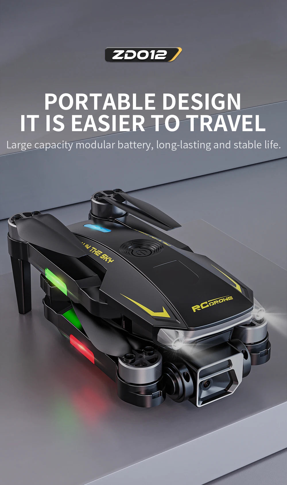 The ZD012 Drone features portable design, large capacity modular battery, and dual cameras for long-lasting stable flight experience.