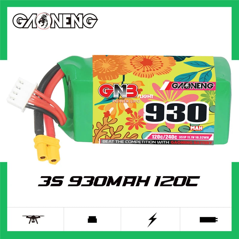 High-capacity 930mAh Li-Polymer battery for FPV drones with rapid discharge and XT30 connector.