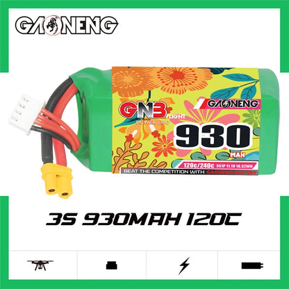 High-capacity 930mAh Li-Polymer battery for FPV drones with rapid discharge and XT30 connector.