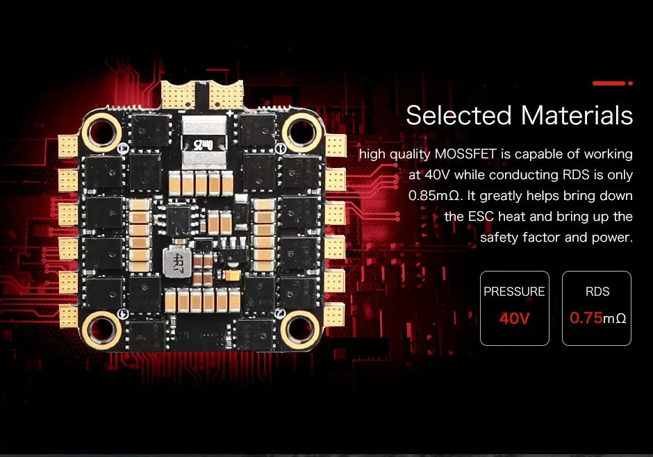 T-Motor F55A PROⅡ 6S 4IN1 LED 32bit ESC, MOSSFET is capable of working at 4OV while conducting RDS is only 0.85