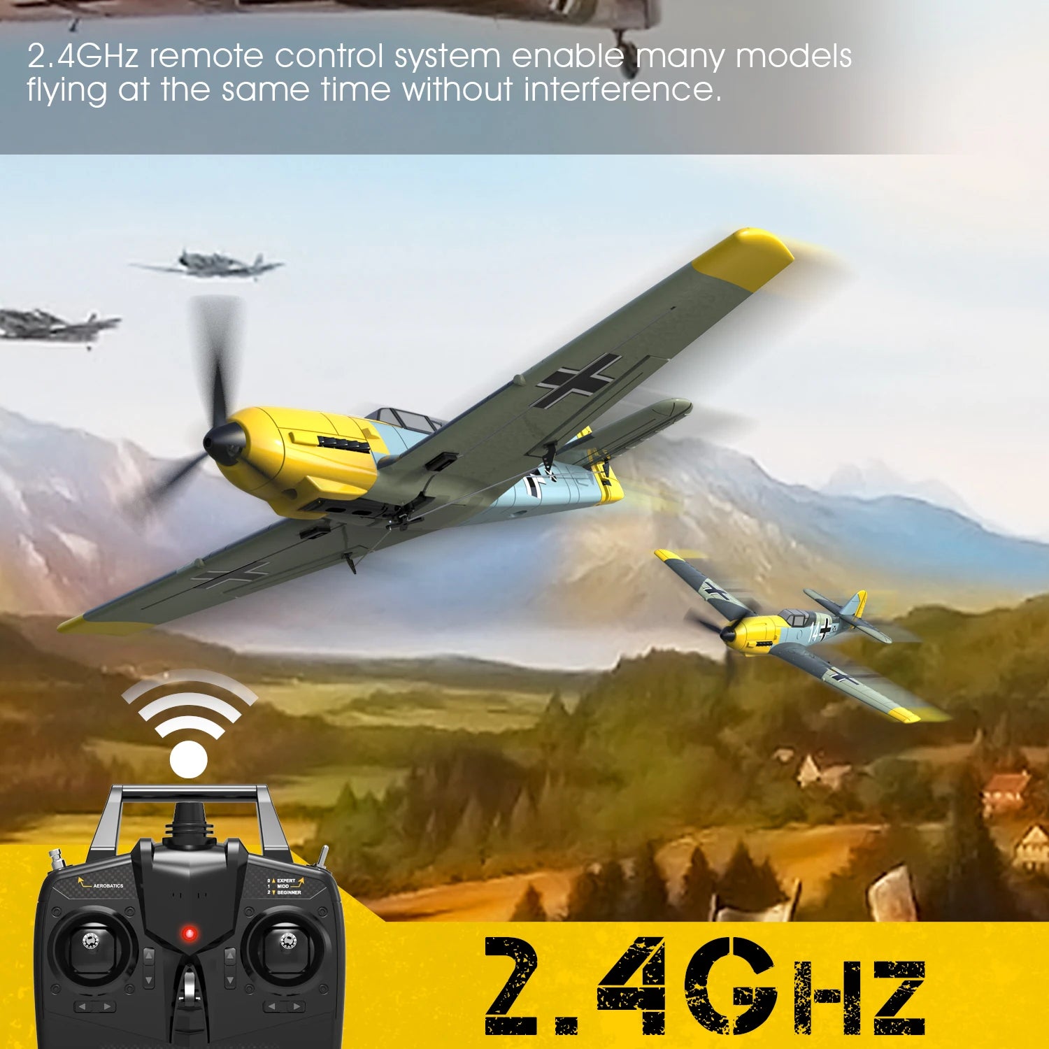 Volantex RC BF109 Airplane, 2.4GHz remote control system enable many models flying at the same time without interference; Fhem