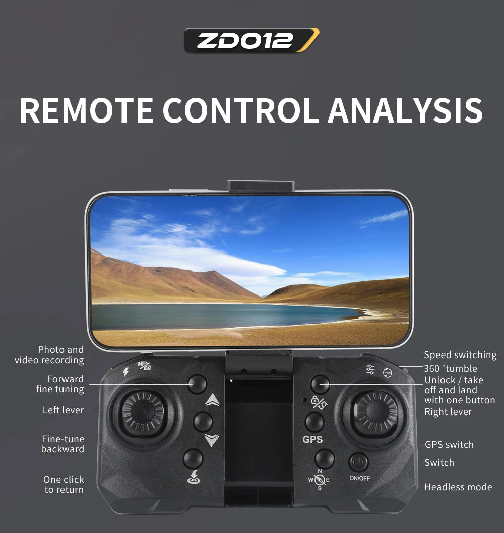 ZD012 Drone, Mini drone for beginners with dual cameras and features like speed switching and headless mode.