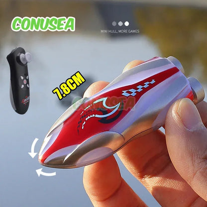 Mini Remote Controlled Boat, Mini 7.8cm RC boat with 2.4G control, 360° rotation, LED lights, 15m range, and 3.7V 100mAh battery—ideal pool toy.