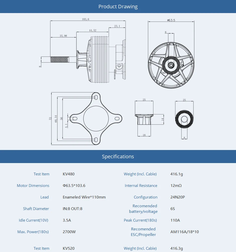 T-MOTOR AM670 KV480 Brushless Motor AM Series Lightweight Motor for Drone 12 T-MOTOR, KV480 Weight (Incl. Cable) 416.1g Motor Dimensions p