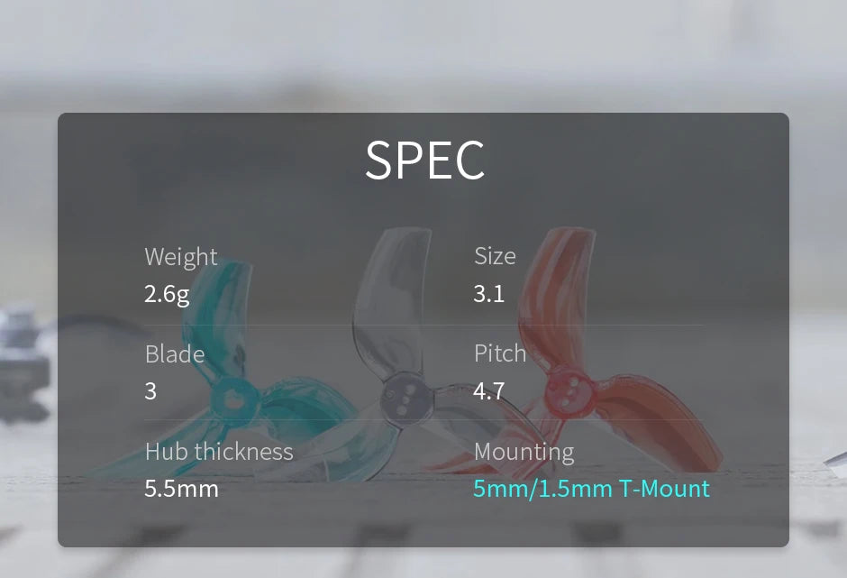 T-Motor T76S Propeller, SPEC Weight Size 2.6g 3.1 Blade Pitch 3 4.7 Hub thickness Mounting