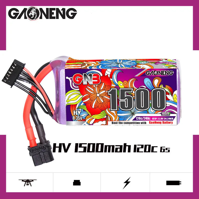 High-capacity LiPo drone battery with 1500mAh, 22.8V, and rapid discharge rate for extended flight times.