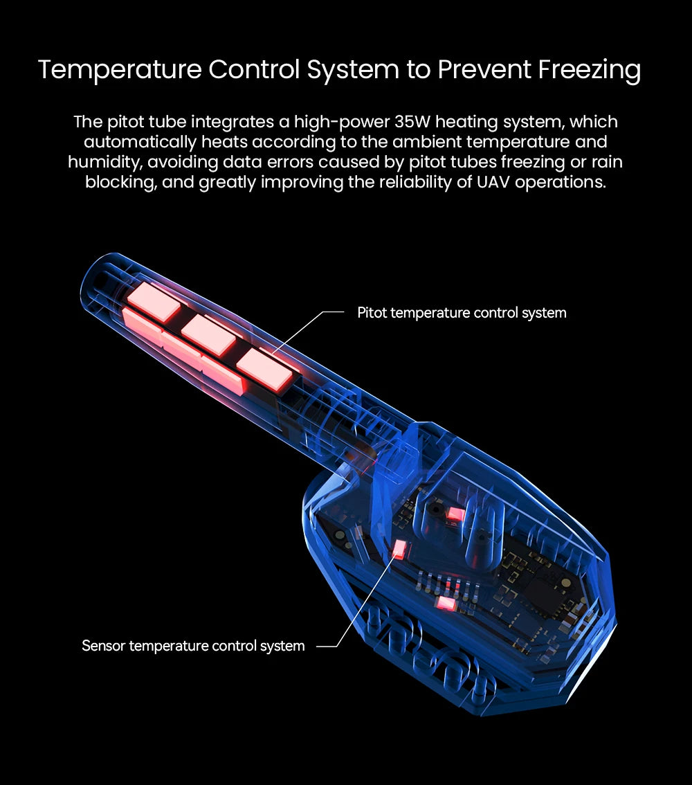 CUAV MS5525 SKYE Airspeed Sensor, pitot tube integrates a high-power 35W heating system to prevent freezing
