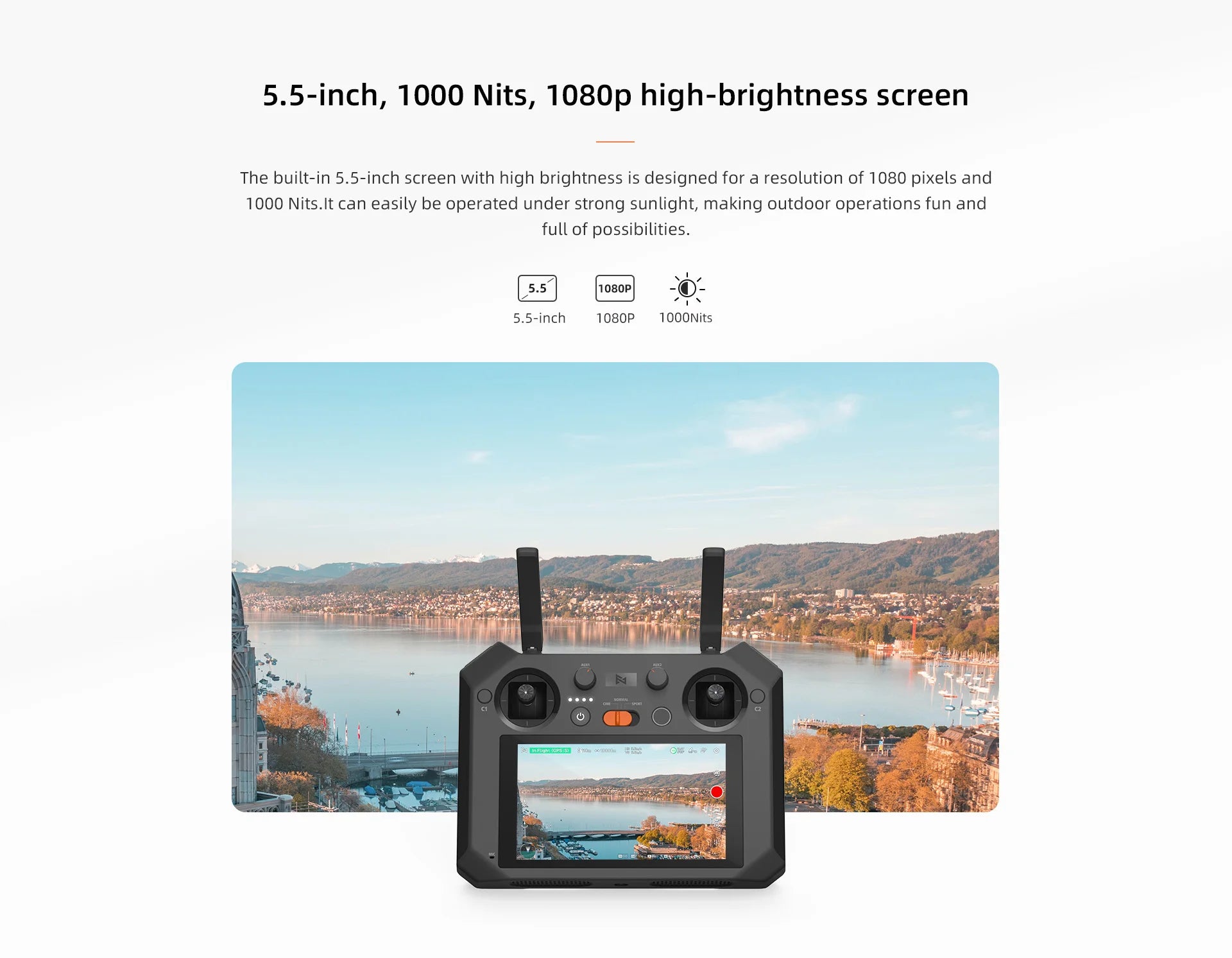 FIMI TX10 Remote Controller, built-in 5.5-inch screen with high brightness is designed for a resolution of 10