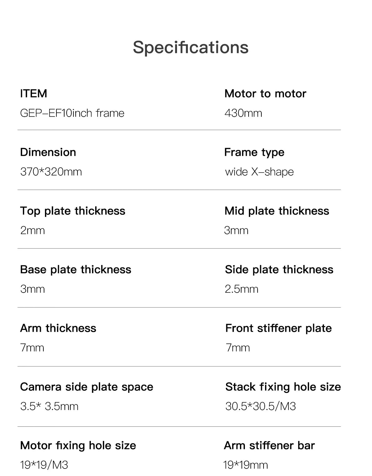 GEPRC GEP-EF10 Frame Parts, Specifications ITEM Motor to motor GEP_EFIOinch frame 43Omm Dimension Frame