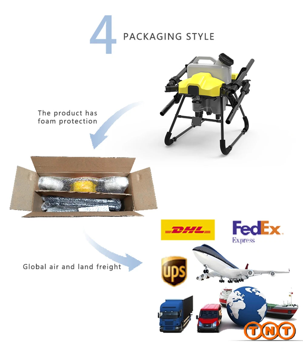 Agricultural spray drone with 4-axis precision and obstacle avoidance, ideal for pesticide and fertilizer application.