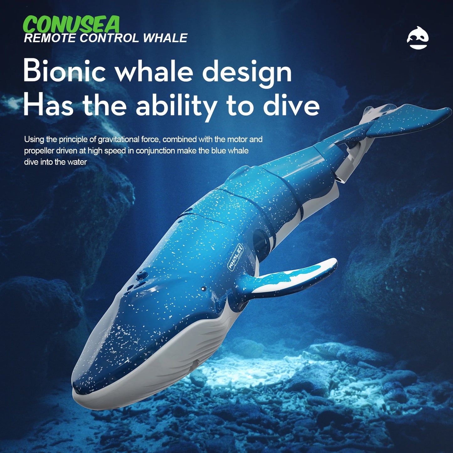 Bionic whale RC toy dives with dual propellers, offers 10m range and 10-minute runtime.