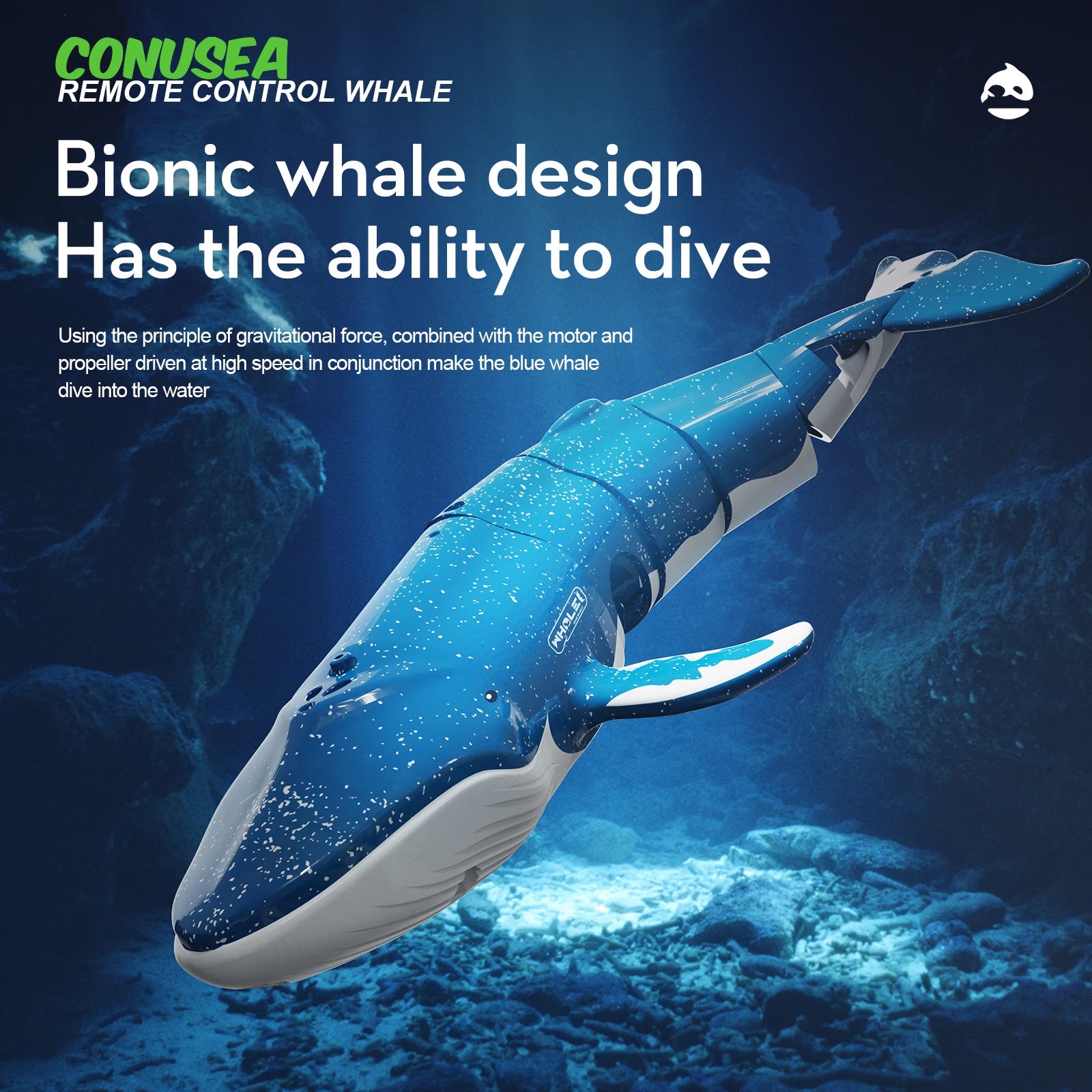 Bionic whale RC toy dives with dual propellers, offers 10m range and 10-minute runtime.