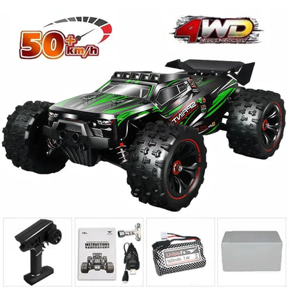 1:16 4WD RC Car, A high-speed 4WD RC car with brushless motor, LED lights, metal drivetrain, and 3S/2S battery, reaching over 50 km/h.
