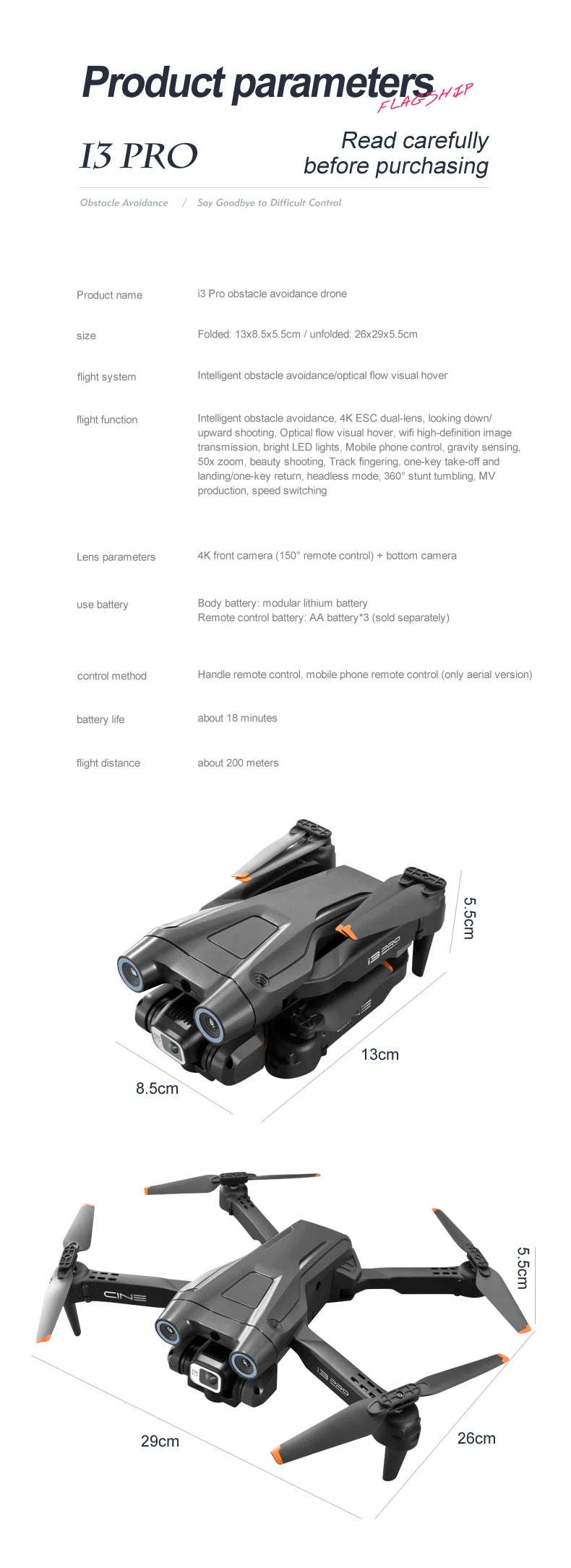 XYRC New i3 Pro Drone, uav is equipped with front left and right three-way