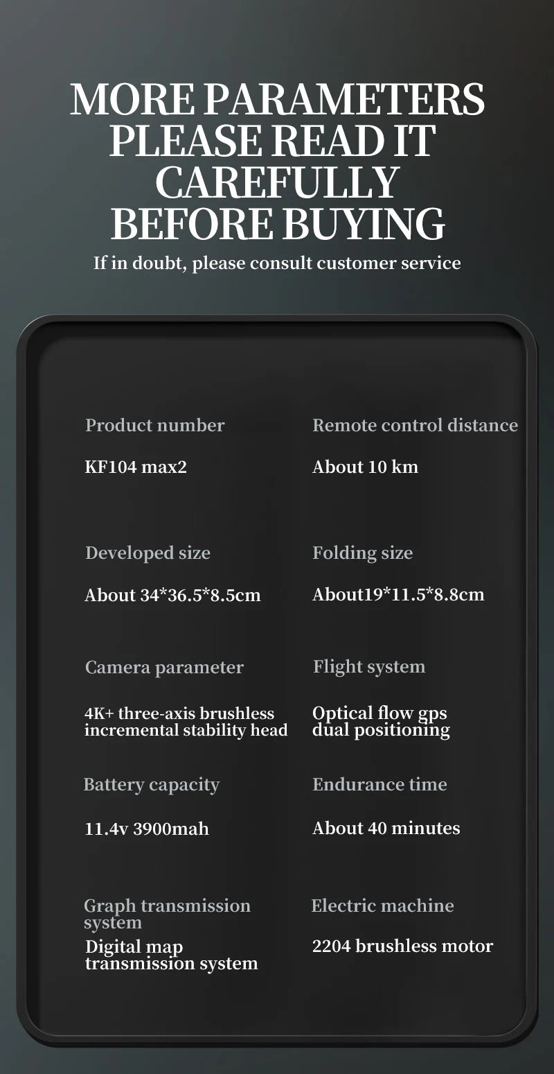 KF104 MAX2 Drone, Long-range drone with 10km control distance, 4K camera, and advanced features like obstacle avoidance and GPS navigation.