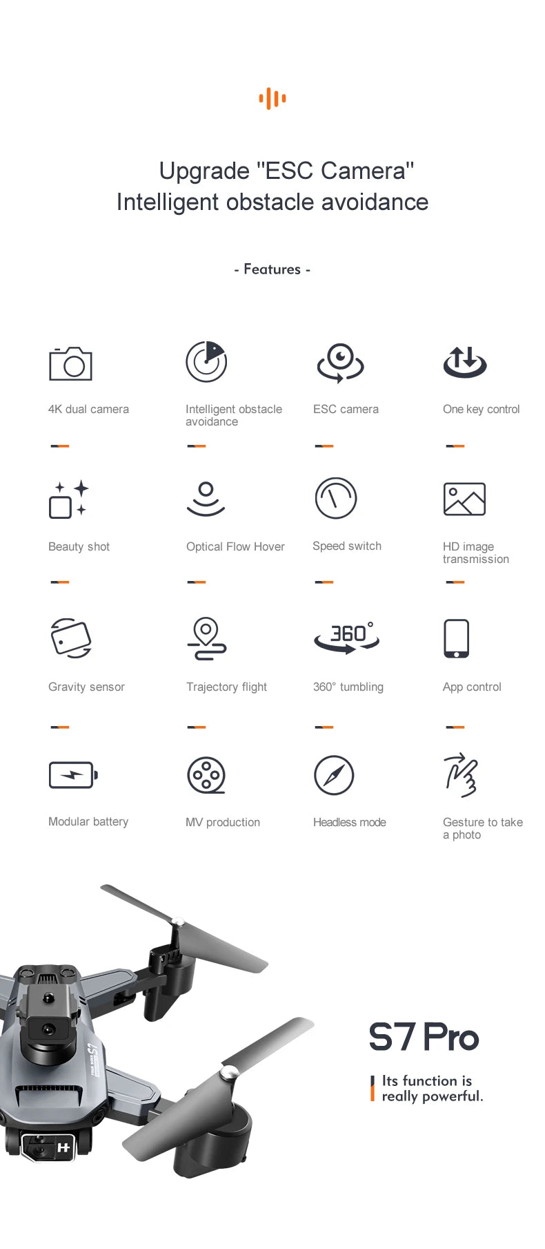 S7 Pro Drone, intelligent obstacle avoidance features 4k dual camera esc camera .