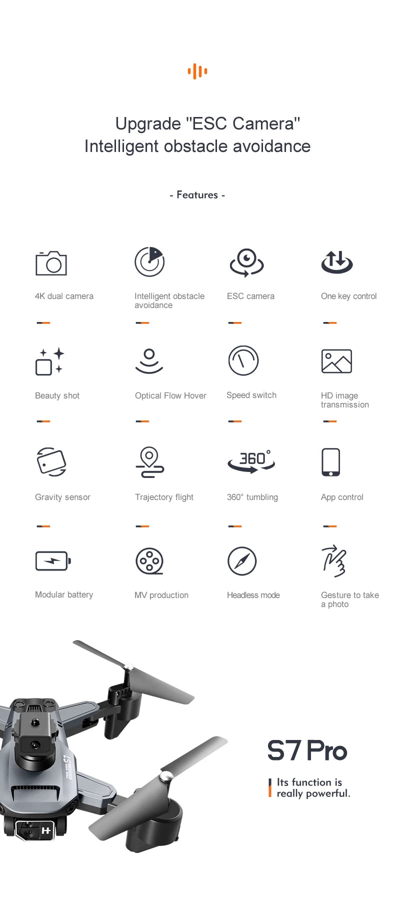 S7 Pro Drone - 4K Dual Camera Wifi FPV 2.4G Folding Quadcopter RC Helicopter Toy Gifts 22 S7 Pro Drone, intelligent obstacle avoidance features 4k dual camera esc camera .