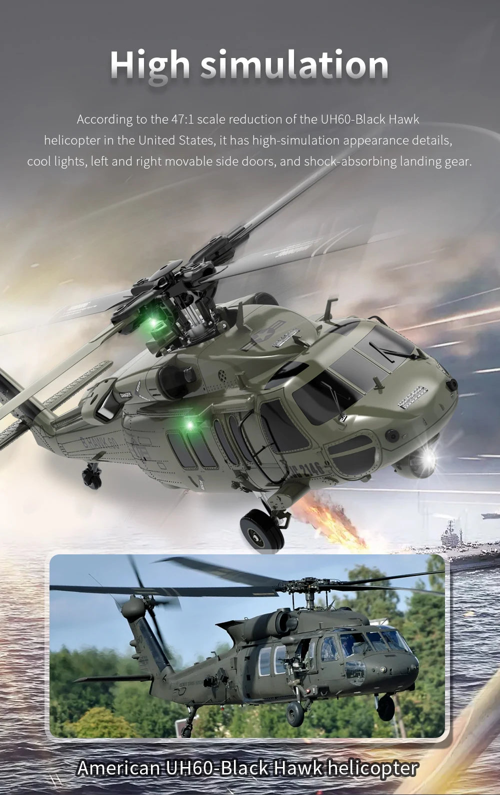 F09 6-Axis RC Helicopter, high-simulation appearance details, cool lights, left and right movable side doors