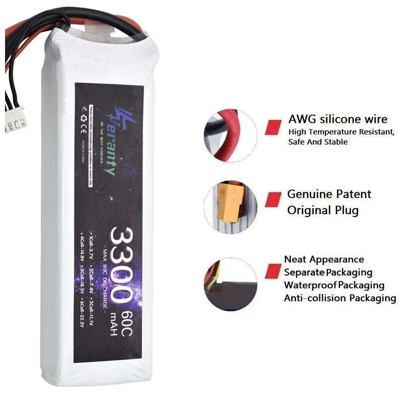 11.1V 3300mAh 60C 3S LiPo Battery, AWG silicone wire 3 High Temperature Resistant Safe And Stable 1 Genuine Patent Original