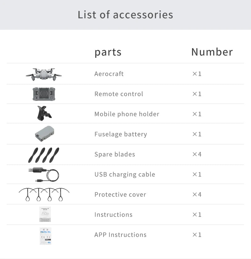 QJ KY905 Mini Drone, list of accessories parts number aerocraft xl remote control x