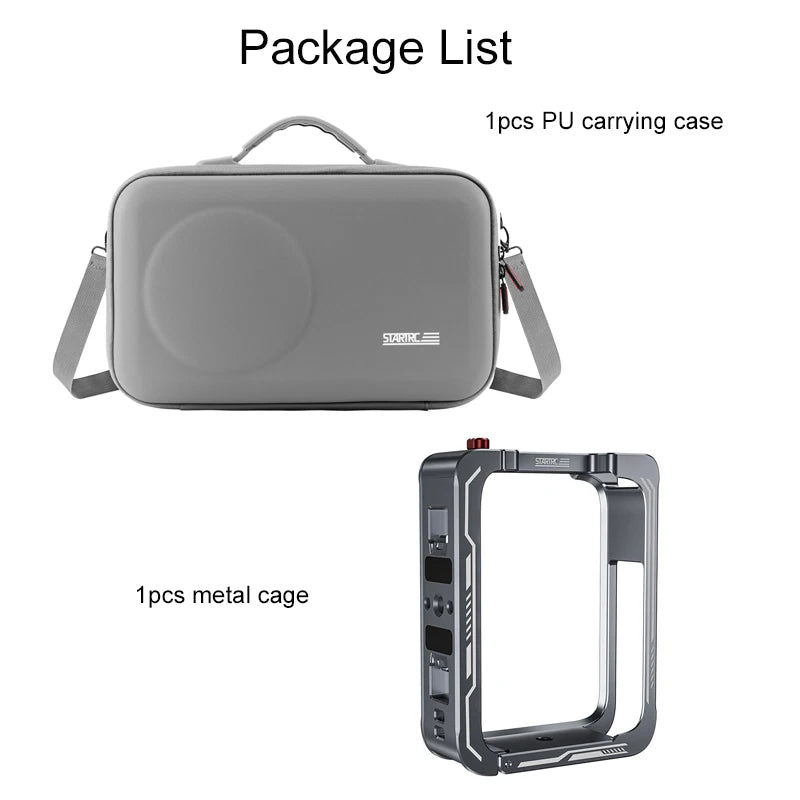 STARTRC Camera Shoulder Bag, Includes one gray PU carrying case and one metal cage for DJI Osmo 360 camera.