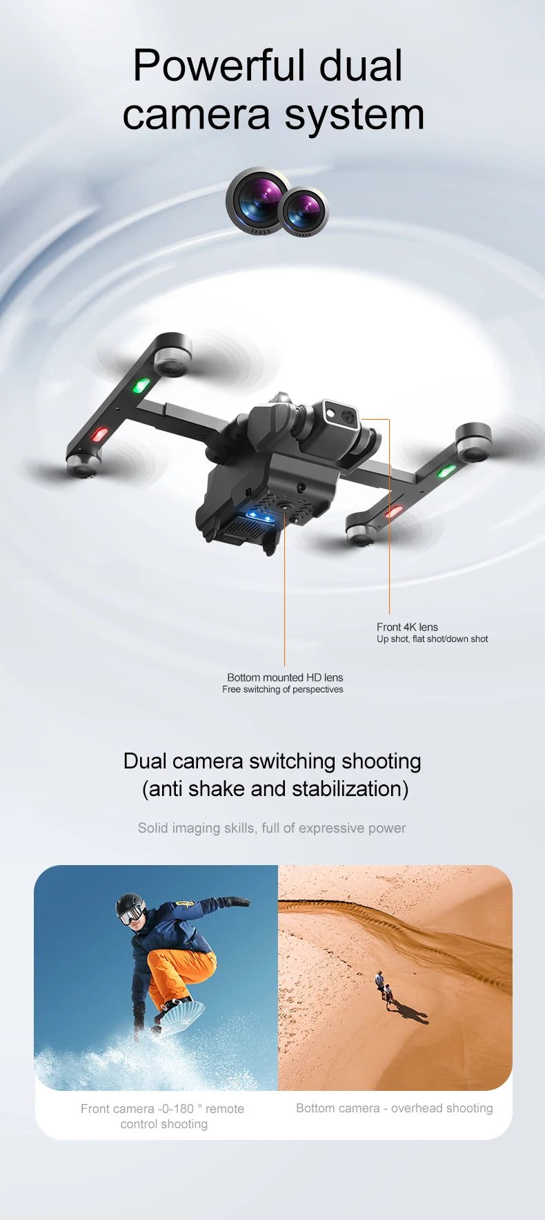 RG700 Pro Drone, Capture creative aerial footage with dual cameras: 4K front and HD rear lenses for diverse perspectives.