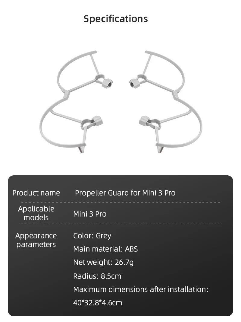Propeller Guard for DJI Mini 3 Pro Drone, Specifications Propeller Guard for Mini 3 Pro Applicable models Color: Grey parameters Main material