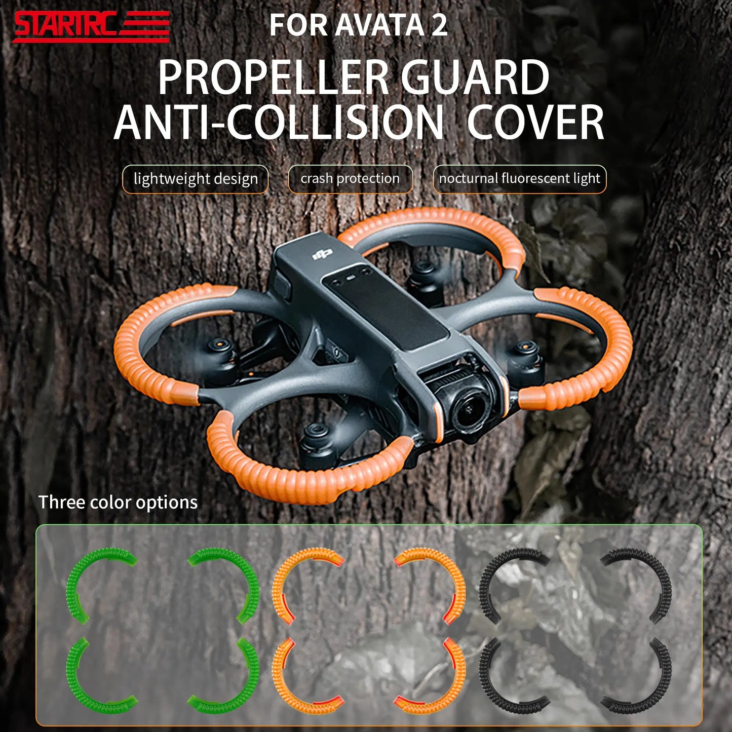 STARTRC Propeller Guard for Avata 2: lightweight, anti-collision, fluorescent cover in three colors.