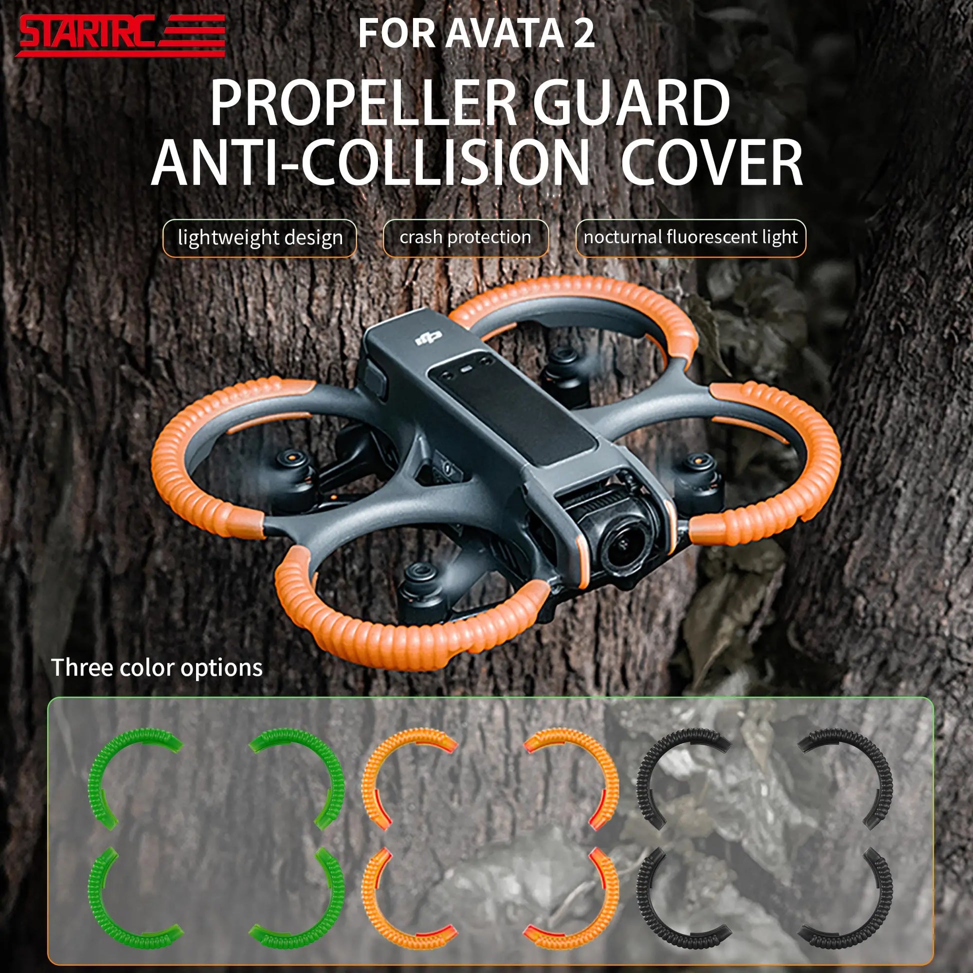 STARTRC Propeller Guard for Avata 2: lightweight, anti-collision, fluorescent cover in three colors.