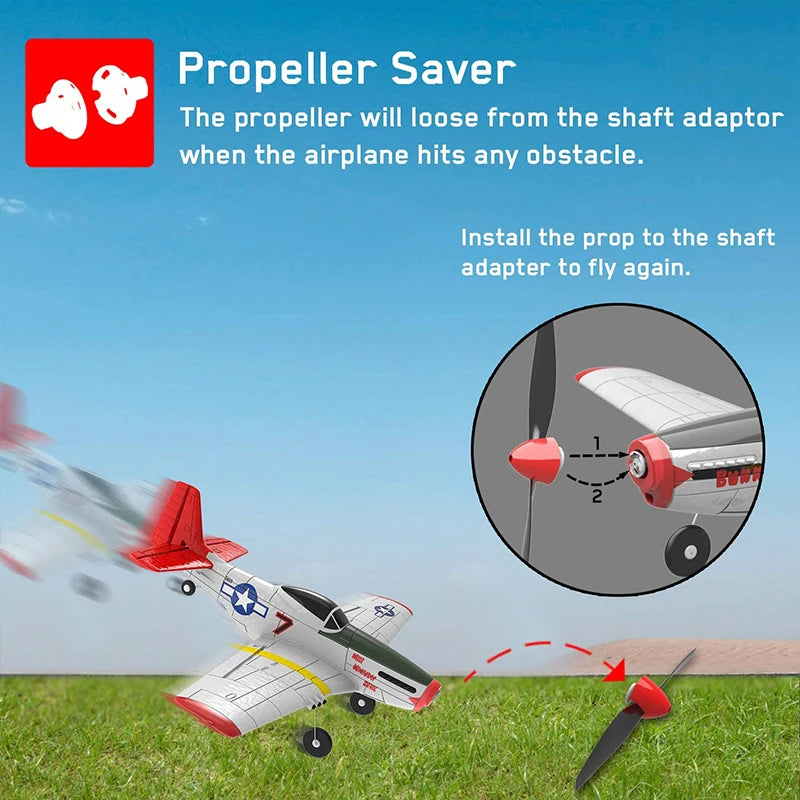 Volantex RC 761-5 RTF Airplane - 4CH RC Trainer Airplane Mustang P51 RTF with Xpilot Stabilization System Remote Control Plane Toys for Boys Beginner 12 Volantex RC 761-5 RTF Airplane, Propeller Saver The propeller will loose from the shaft adapter when the airplane hits any