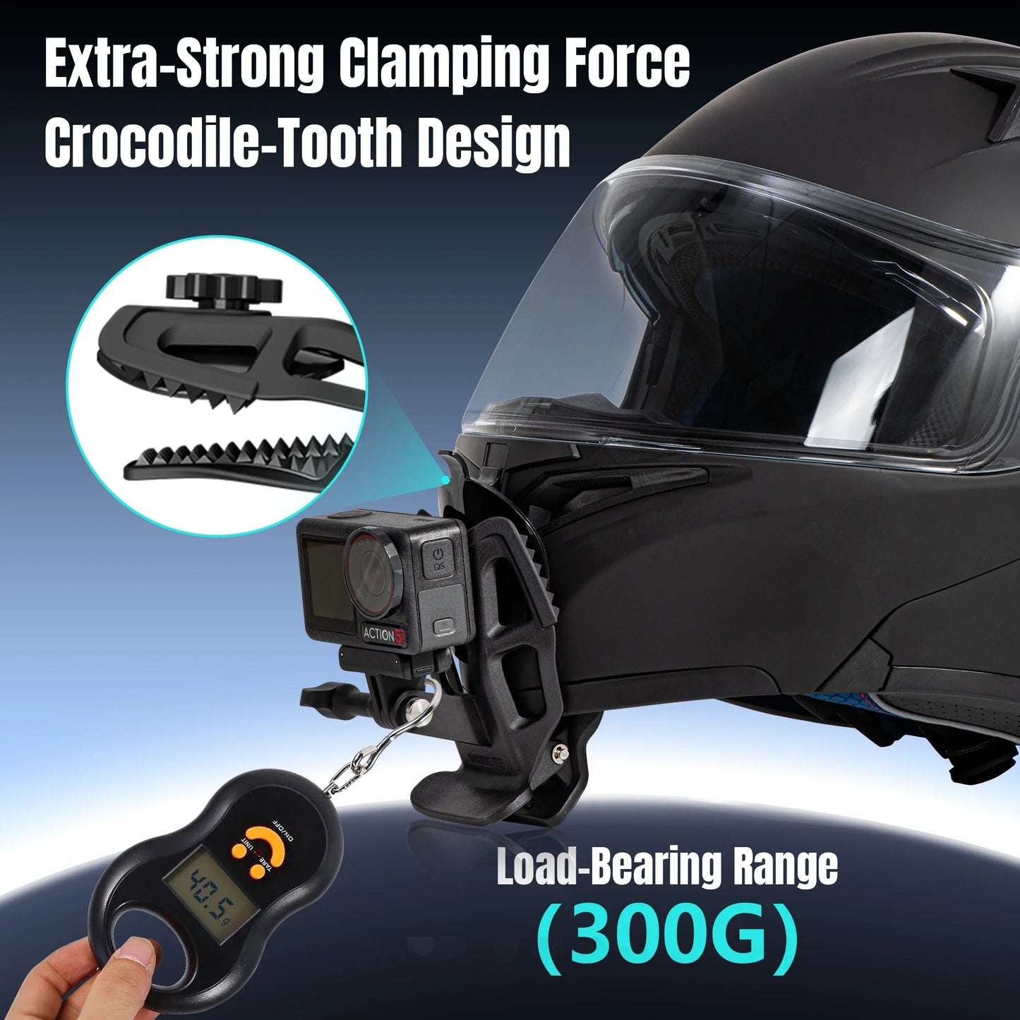 STARTRC Motorcycle Helmet Chin Mount Clip Bracket, Extra-strong clamp with crocodile-tooth design, supports up to 300g load. Ideal for secure drone or accessory mounting.