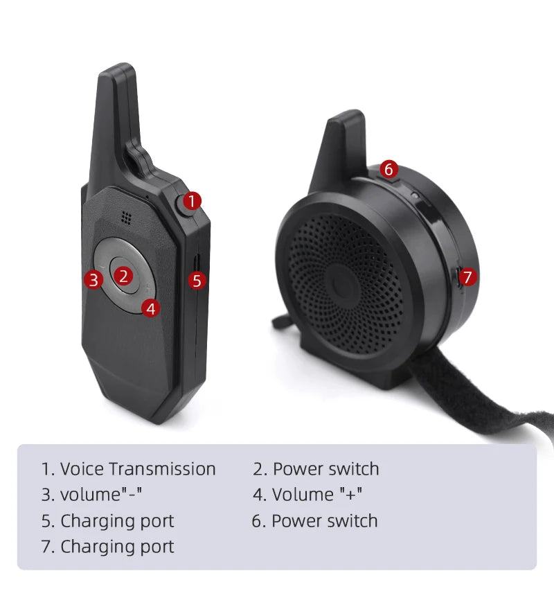 Voice Transmission 2. Power switch 3. volume" 4. Volume" 5. Charging port 6. Power switch 7.