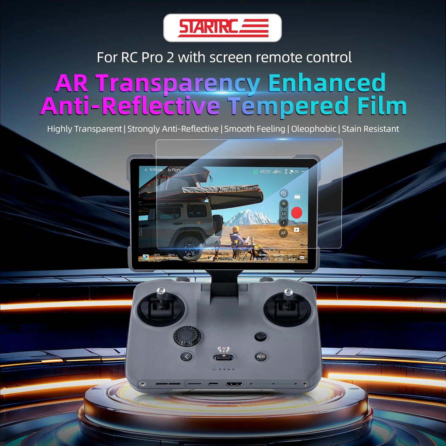 STARTRC AR film for DJI RC Pro 2 offers high transparency, anti-reflective coating, oleophobic protection, and smooth touch, enhancing visibility and durability in bright outdoor conditions.