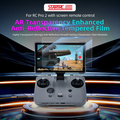STARTRC AR film for DJI RC Pro 2 offers high transparency, anti-reflective coating, oleophobic protection, and smooth touch, enhancing visibility and durability in bright outdoor conditions.