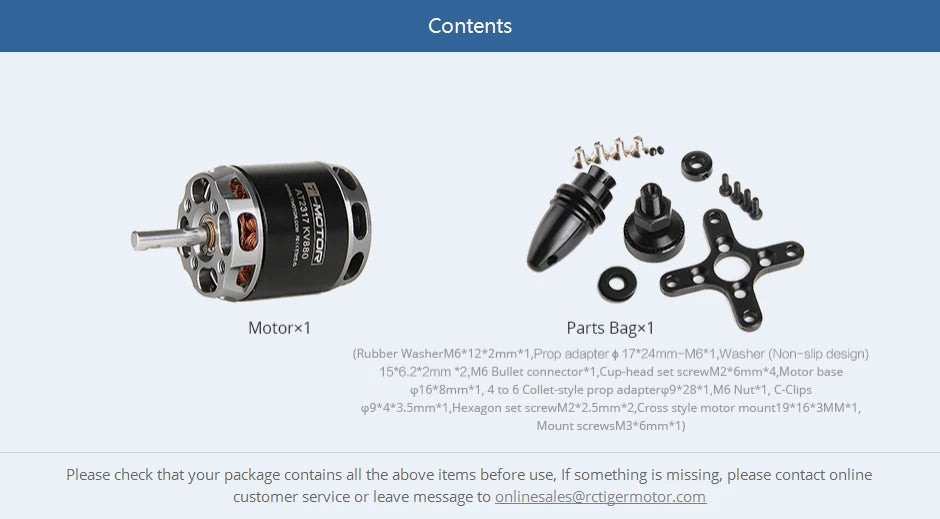 T-MOTOR, if something is missing please contact online customer service or leave message to onlinesales@r