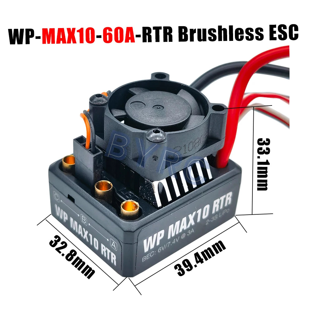 Waterproof ESC controller for brushless motors in 1/10 to 1/6 RC cars, with 100A output and compact design.
