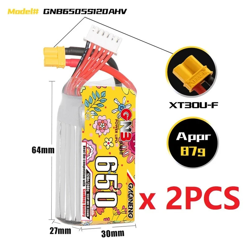 High-performance LiPo drone battery with XT30 plug and 120C/240C discharge rate for 64mm frame compatibility.