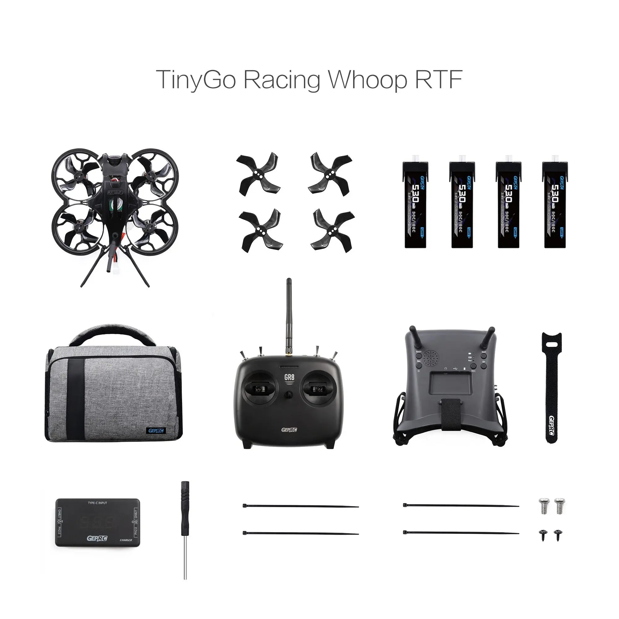 GEPRC TinyGO Racing FPV Whoop RTF Drone, it supports 8 channels and is specially designed for indoor and novices