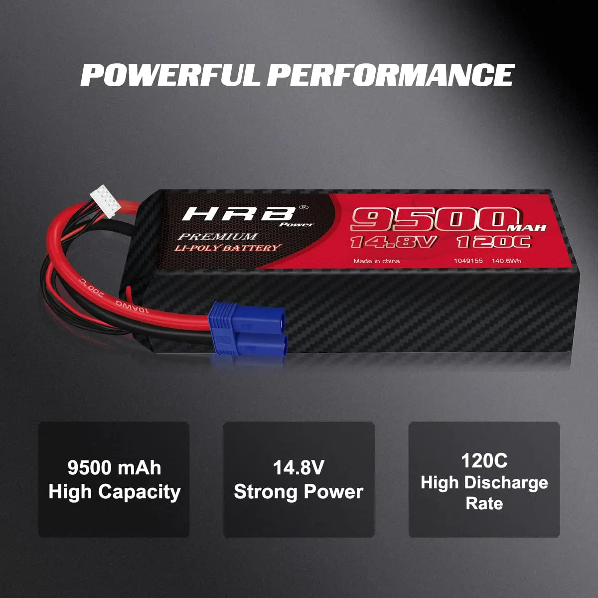 2PCS HRB RC Lipo 3S 4S 6S Battery, Made in china 1049155 140.6Wh 9500 mAh 14.8V 120C