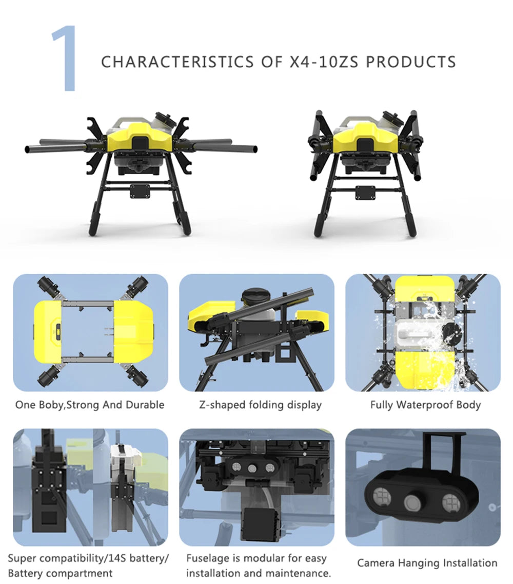 The Dreameagle X410Z agricultural drone has a sturdy Z-shaped design, waterproof body, and modular fuselage for easy camera installation.