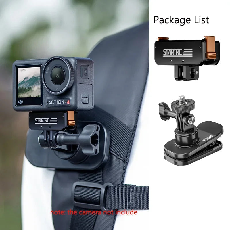 Metal magnetic adapter base with quick-mount bracket for DJI Osmo Action 4/3, GoPro, and 1/4" ports. Includes base and clamp. Camera not included.