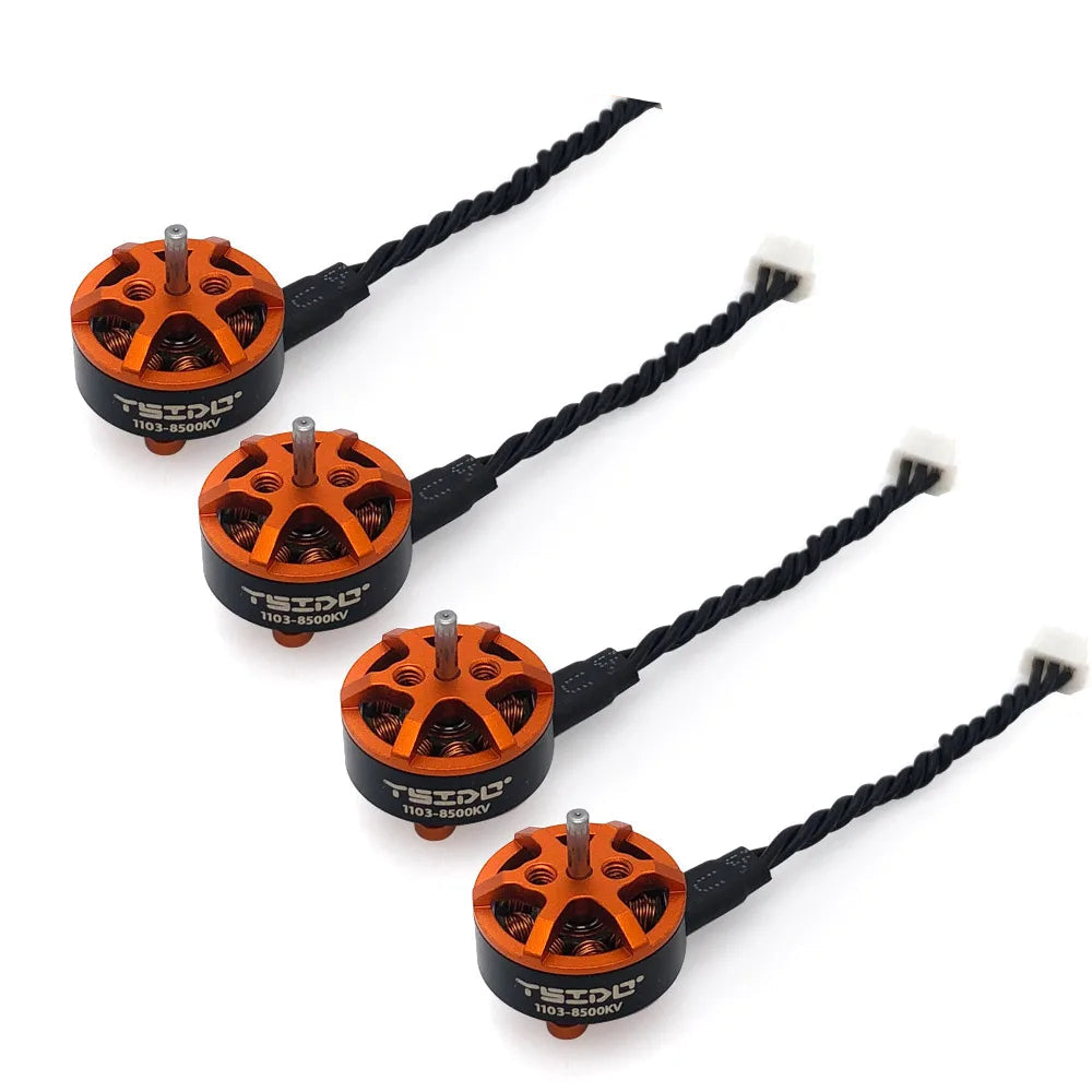 YSIDO 1103 8500KV 1–2S Brushless Motor, YSIDO 1103 8500KV brushless motors, 1.5mm shaft, for 65mm props and 2-inch FPV drones, orange/black design.