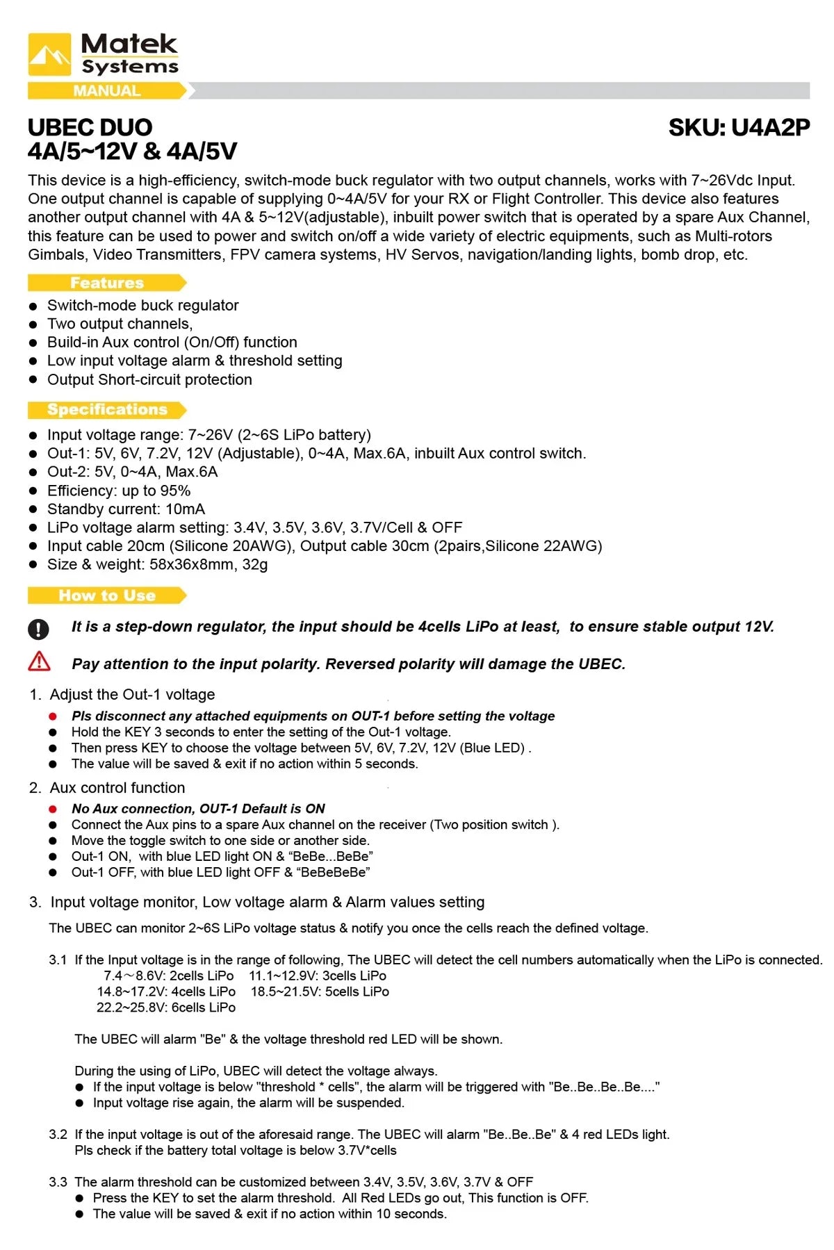 MATEK Mateksys UBEC, UBEC DUO is a high-efficiency, switch-mode buck regulator
