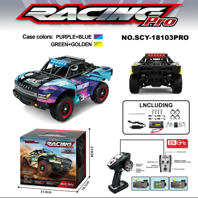 SCY 18103 PRO 1/18 RC Car, Racing Pro SCY-18103PRO 1/18 scale 4WD brushless RC truck, 60km/h speed, 7.4V battery, RTR with remote, charger, tools. Available in purple+blue or green+golden. 2.4GHz system.
