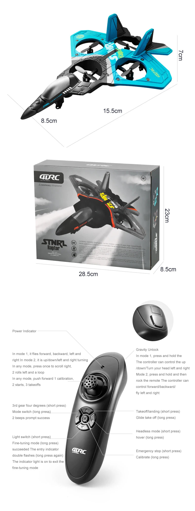 V17 RC Remote Control Airplane, 3 15.5cm 28.5cm Power Indicator Gravity Unlock In mode