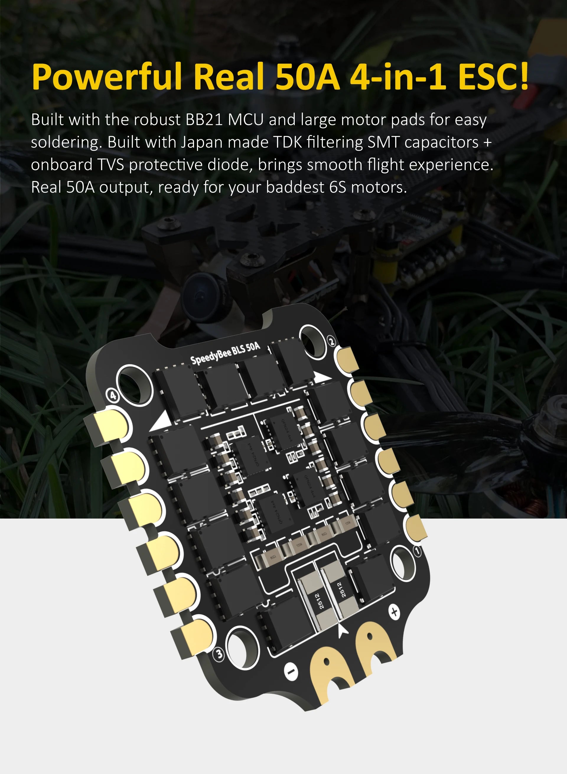 SpeedyBee F405 V3 50A Stack, Built with the robust BB21 MCU and large motor pads for easy soldering,