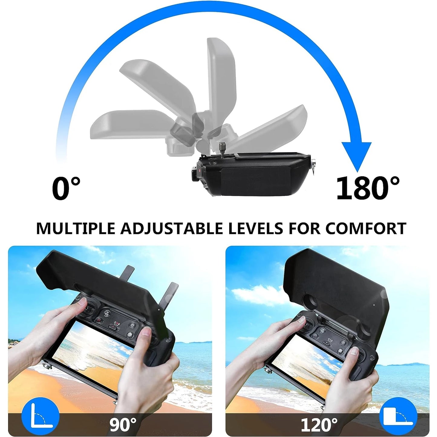 StartRC 2-in-1 Sun Hood Joystick Cover, Adjustable 0°–180° sun hood for DJI RC Pro, providing optimal viewing comfort at 90° and 120° angles.