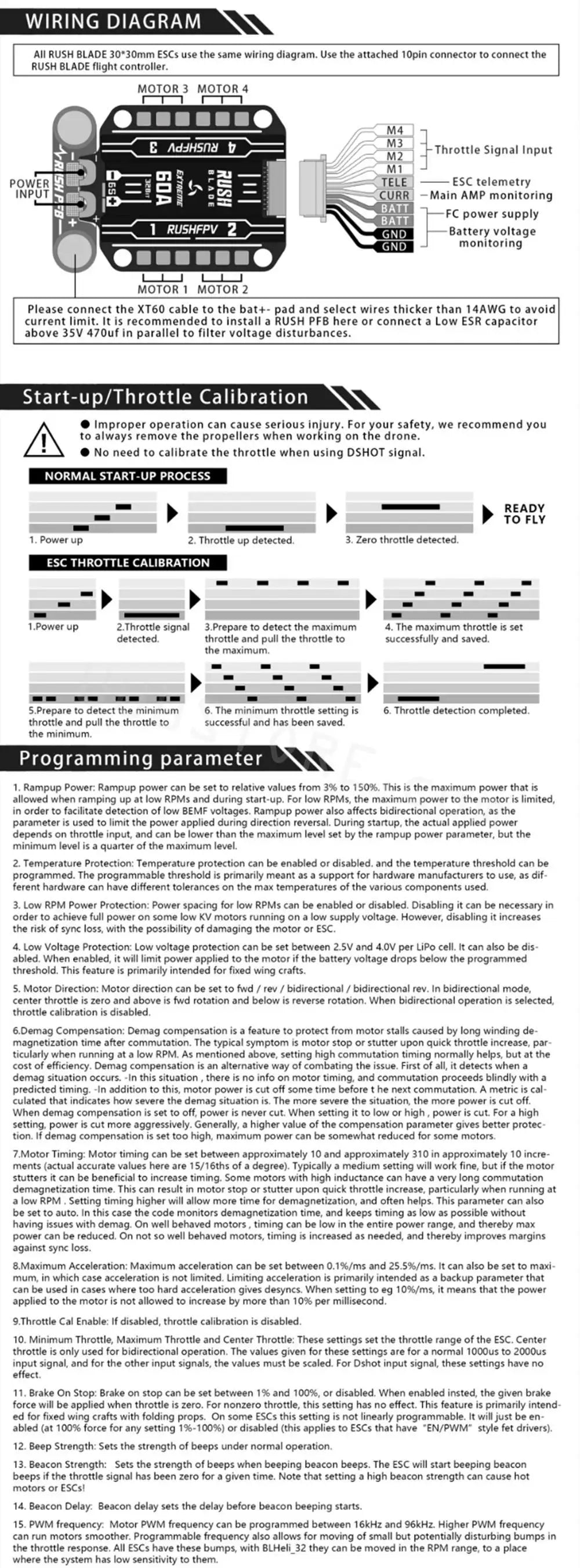 RUSHFPV RUSH BLADE V2 Stack, RUSH BLADE ESC wiring diagram: connect flight controller, remove propellers for safety.