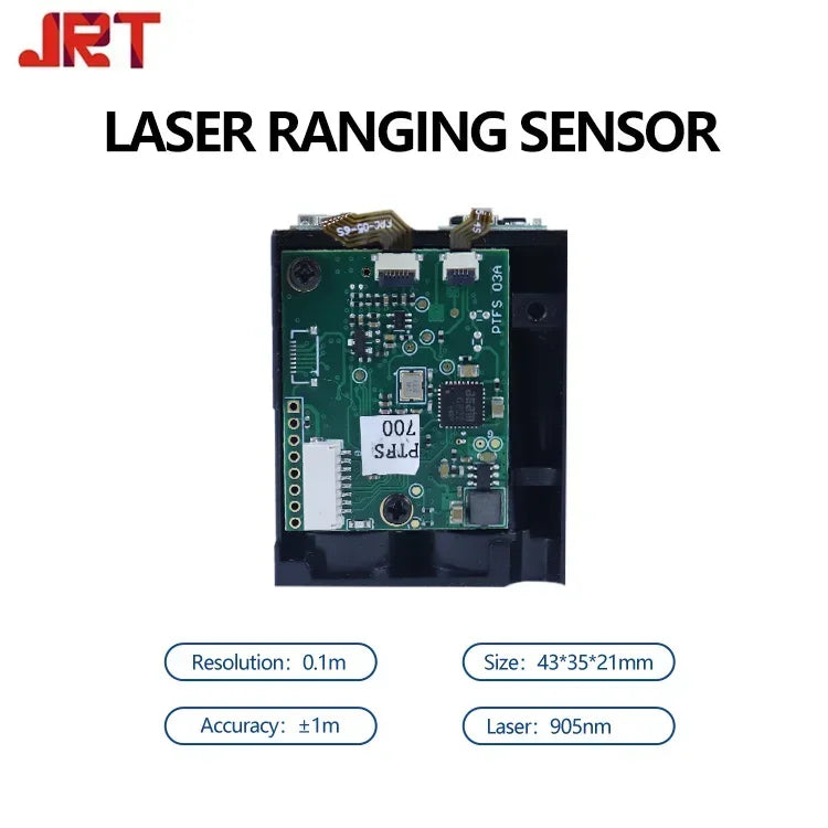 JRT Arduino TOF Laser Lidar Module Distance Sensor, JRT Laser Ranging Sensor: 905nm, 0.1m resolution, ±1m accuracy, compact 43×35×21mm size. Ideal for precise distance measurement in small-space applications.