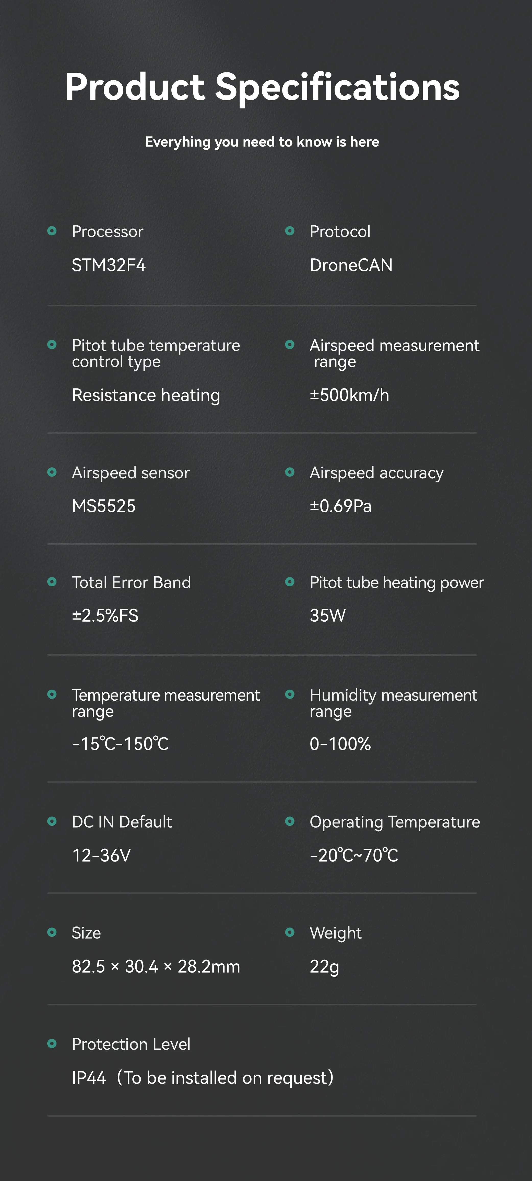 CUAV MS5525 SKYE Airspeed Sensor, Default operating temperature 12-361 -20*C70*C Size Weight 82.5